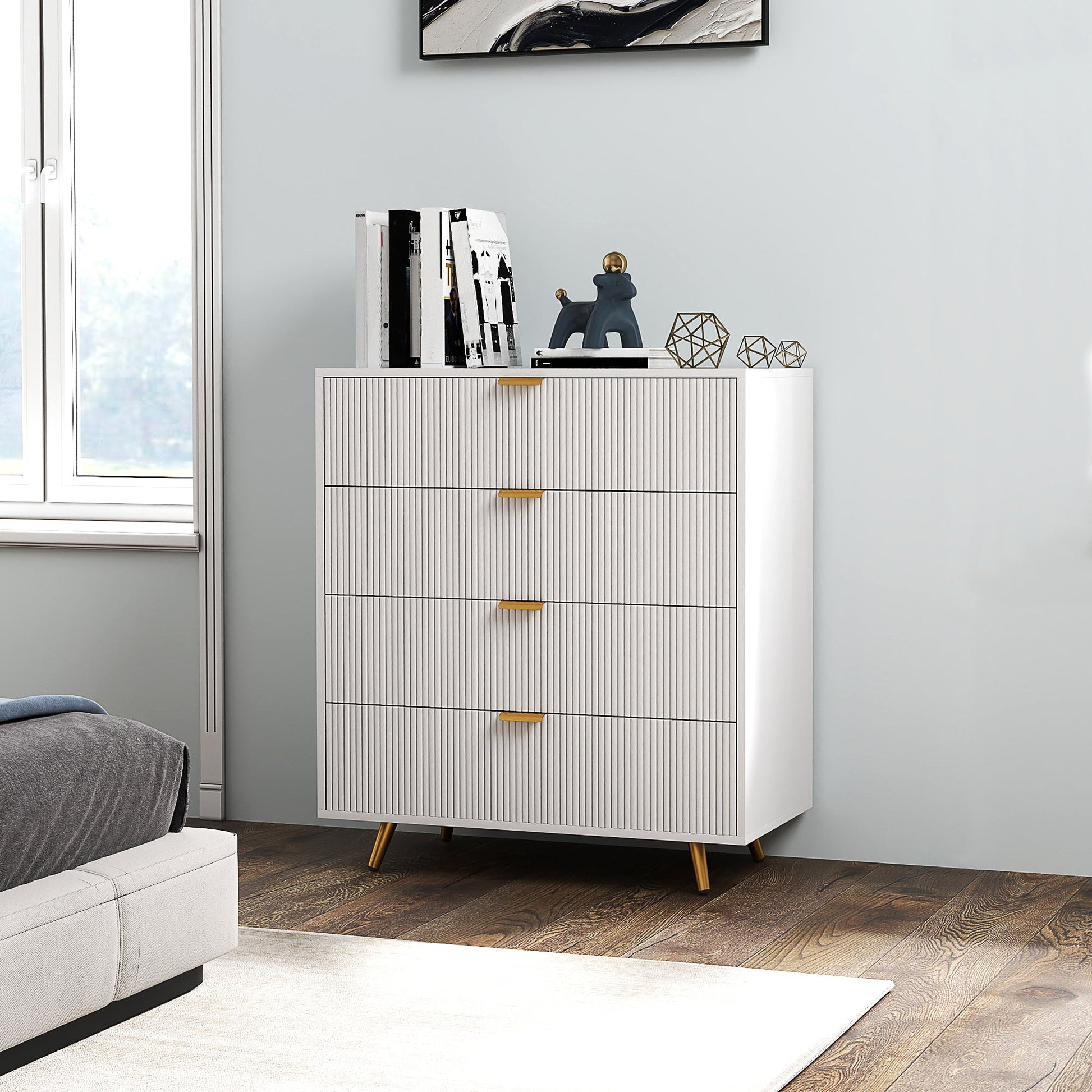 Elegant Four-Drawer Bedside Table - White-1