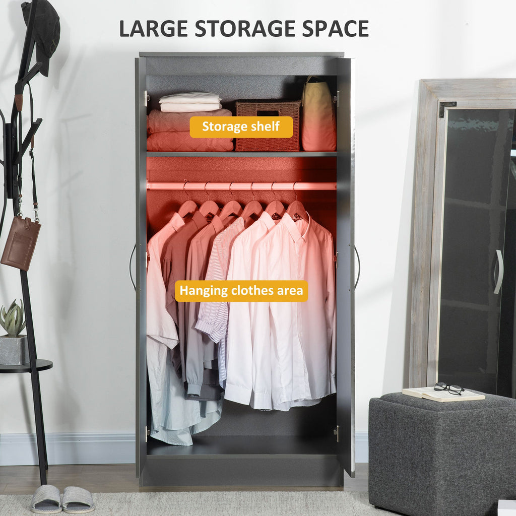High Gloss Wardrobe, 2 Door Wardrobe with Hanging Rod and Storage Shelf, Clothes Storage Organizer with Anti-tipping Design for Bedroom, Grey-4