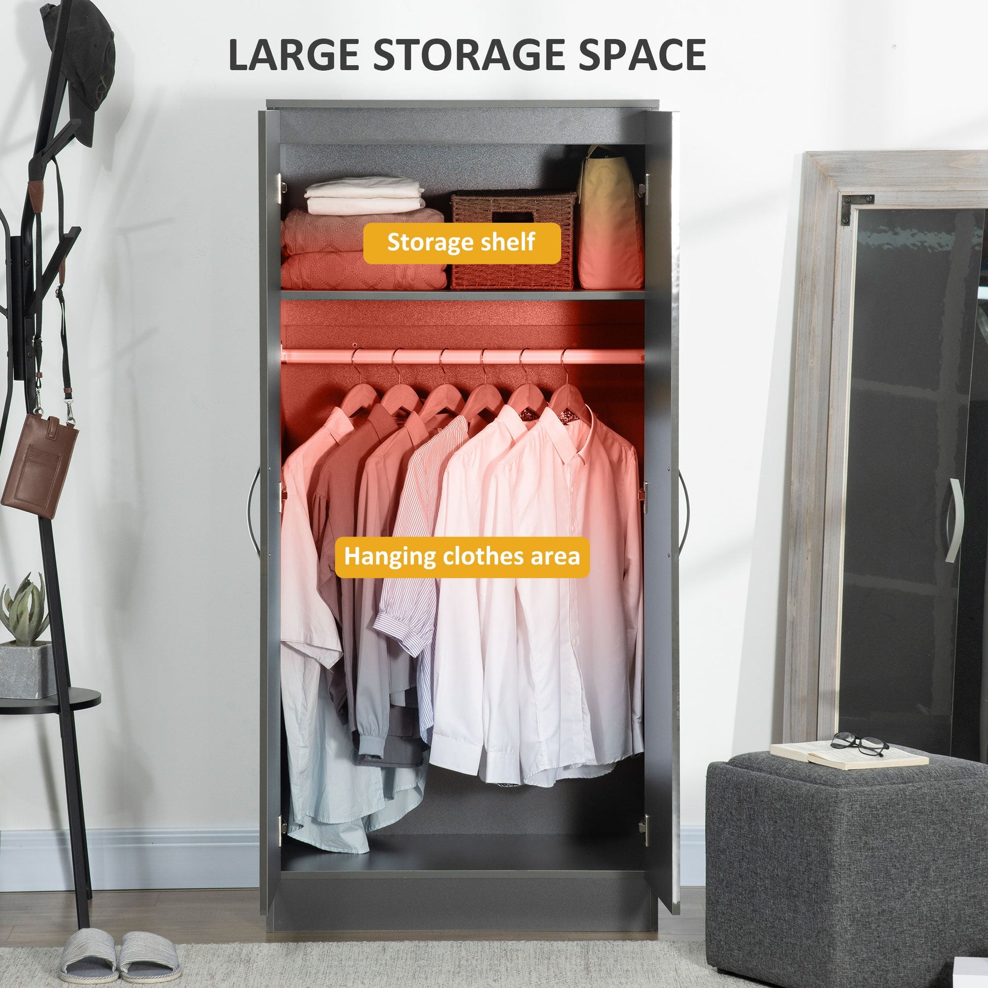 High Gloss Wardrobe, 2 Door Wardrobe with Hanging Rod and Storage Shelf, Clothes Storage Organizer with Anti-tipping Design for Bedroom, Grey-4