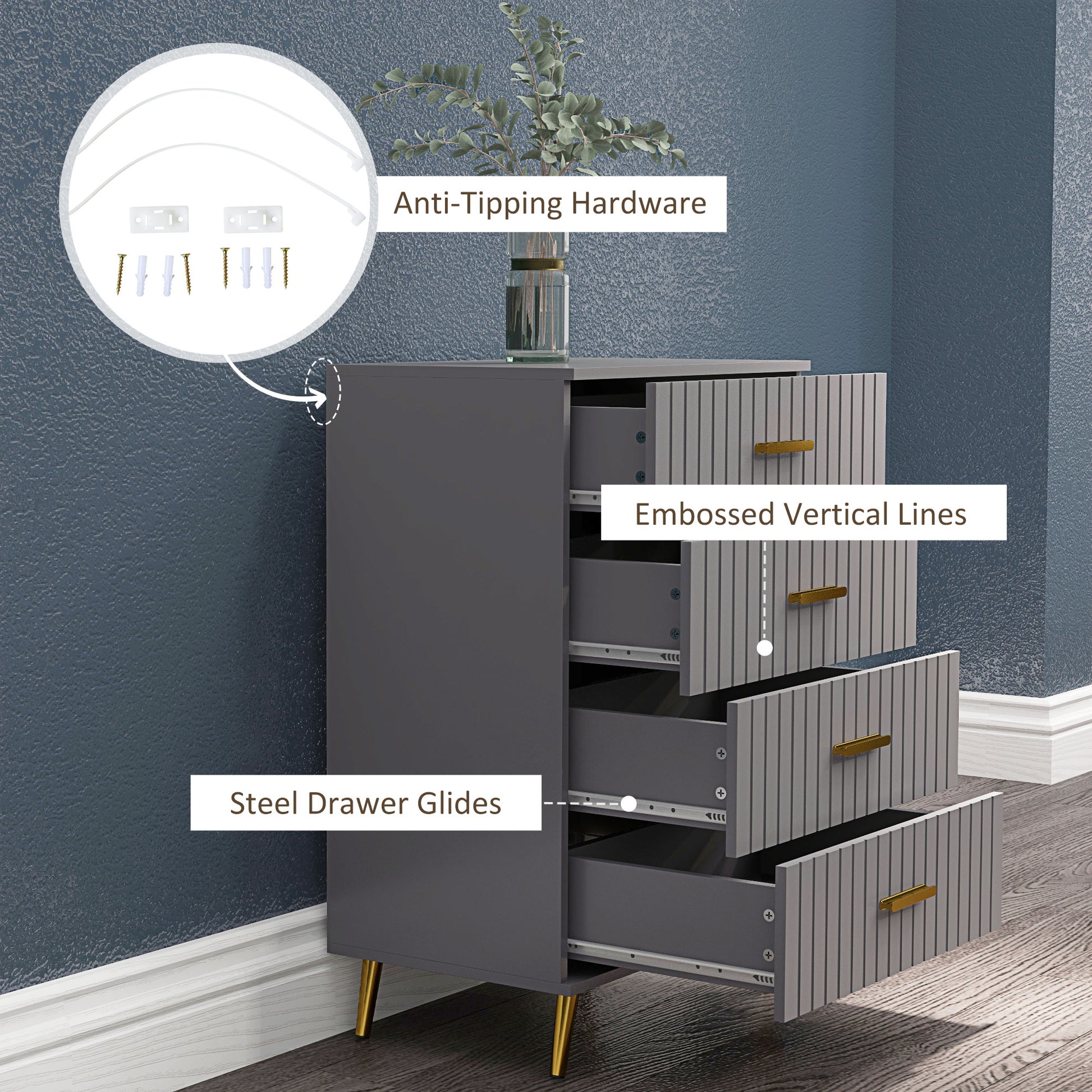 Bedroom Chest of Drawers, Modern 4-Drawer Dresser, Storage Drawer Unit with Aluminium Legs, Dark Grey | HOMCOM-4