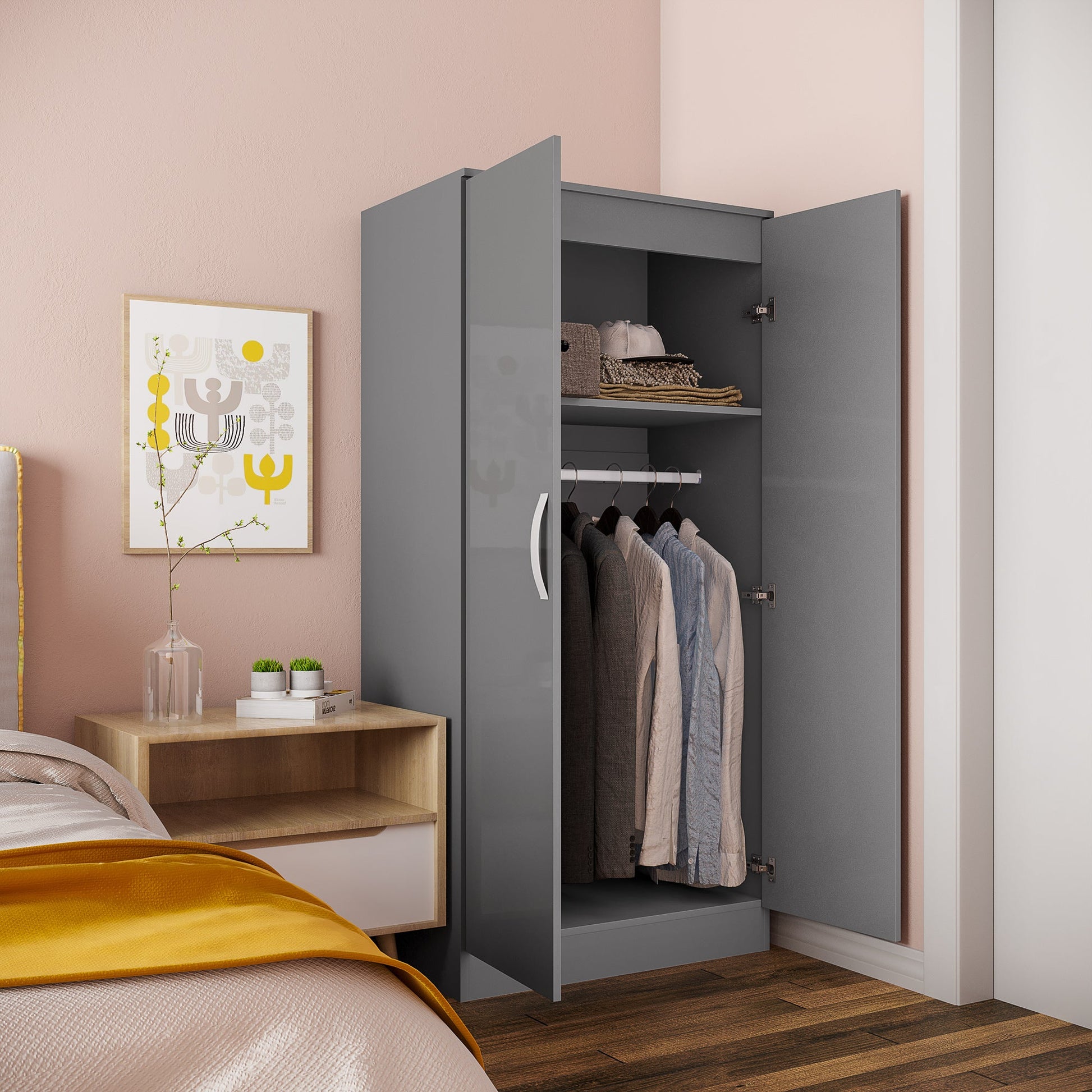 High Gloss Wardrobe, 2 Door Wardrobe with Hanging Rod and Storage Shelf, Clothes Storage Organizer with Anti-tipping Design for Bedroom, Grey-1
