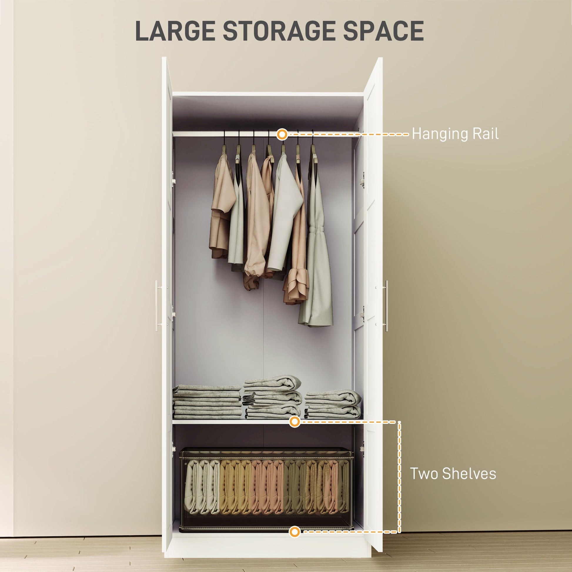 Double Paneled Wardrobe with Shelves for Extra Storage - White-3