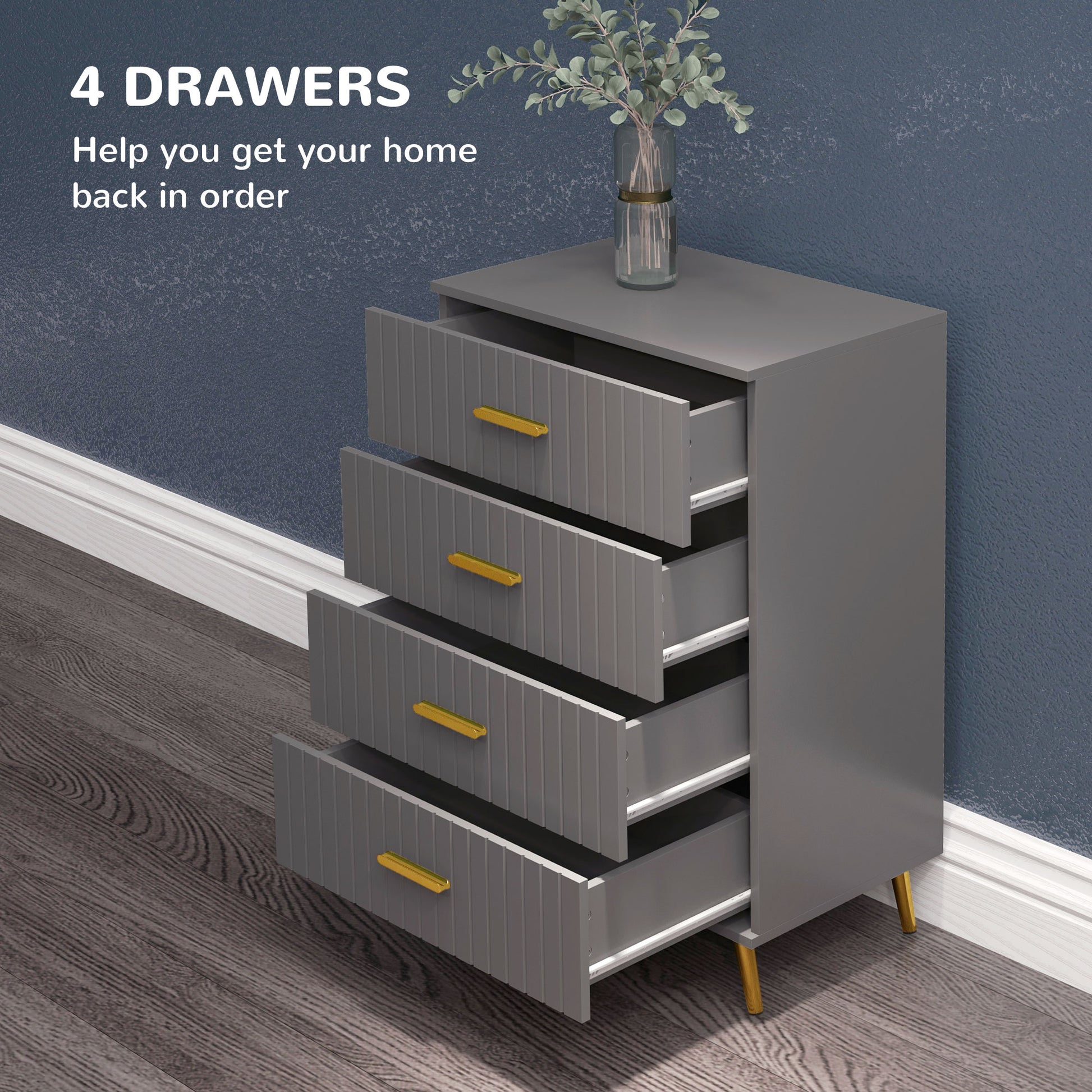 Bedroom Chest of Drawers, Modern 4-Drawer Dresser, Storage Drawer Unit with Aluminium Legs, Dark Grey | HOMCOM-2