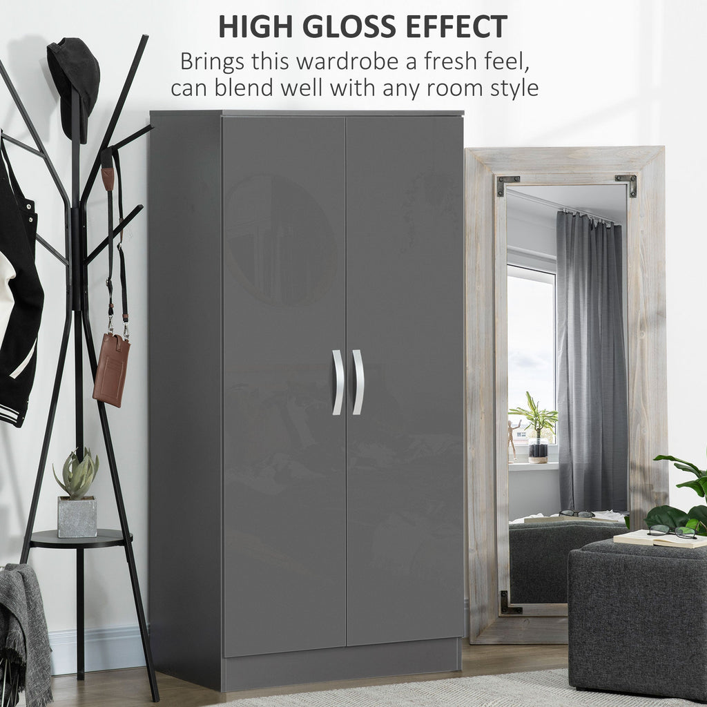 High Gloss Wardrobe, 2 Door Wardrobe with Hanging Rod and Storage Shelf, Clothes Storage Organizer with Anti-tipping Design for Bedroom, Grey-3