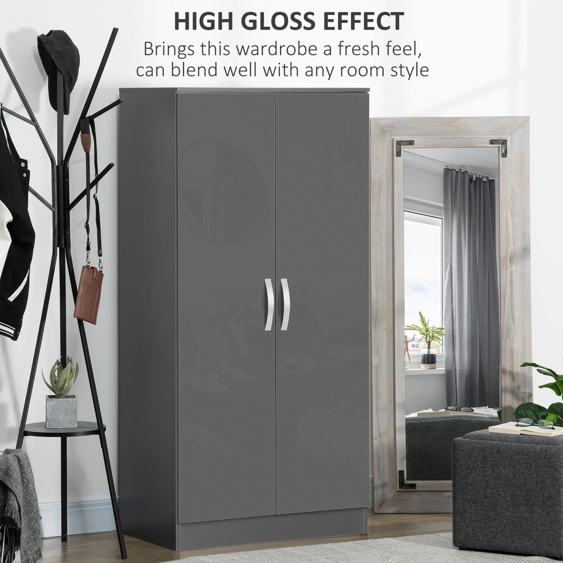 High Gloss Wardrobe, 2 Door Wardrobe with Hanging Rod and Storage Shelf, Clothes Storage Organizer with Anti-tipping Design for Bedroom, Grey-3