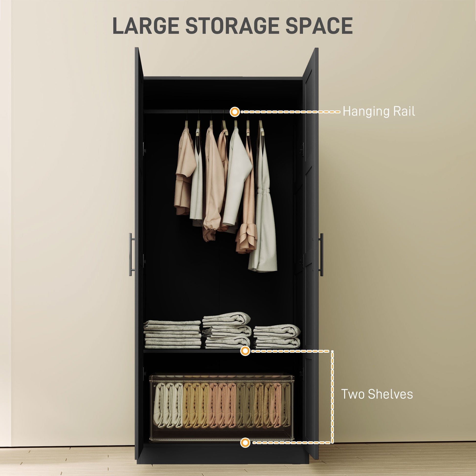 Double Paneled Wardrobe with Shelves - Black-3