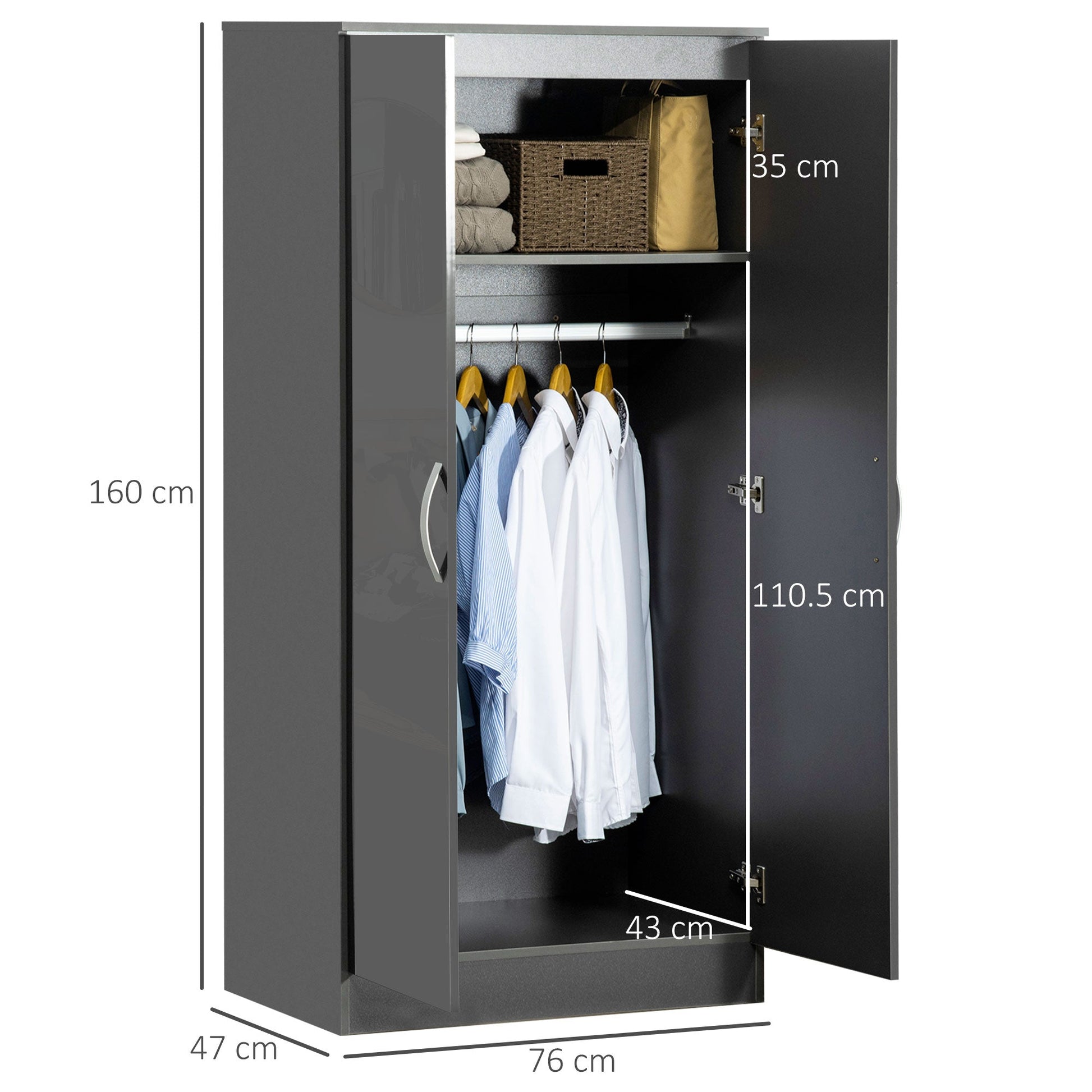 High Gloss Wardrobe, 2 Door Wardrobe with Hanging Rod and Storage Shelf, Clothes Storage Organizer with Anti-tipping Design for Bedroom, Grey-2