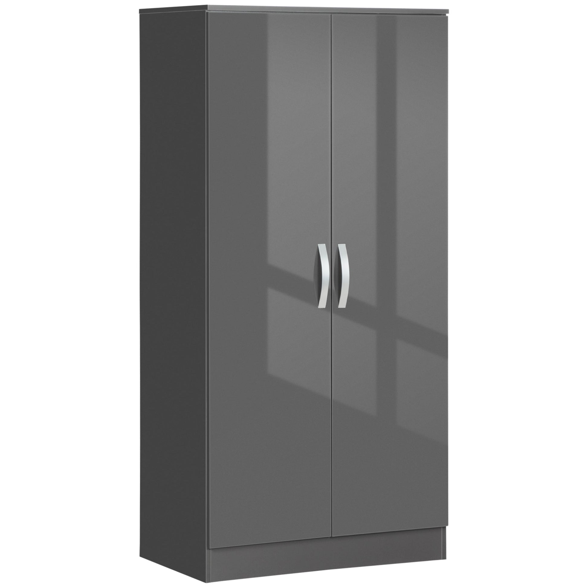 High Gloss Wardrobe, 2 Door Wardrobe with Hanging Rod and Storage Shelf, Clothes Storage Organizer with Anti-tipping Design for Bedroom, Grey-0